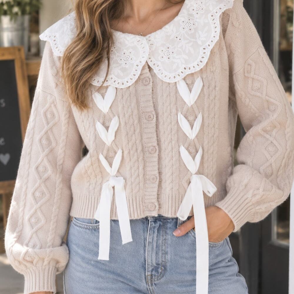 NEW Women's Cable Knit Sweater Tan Large Ribbon Lace Collar Cottagecore Peasant